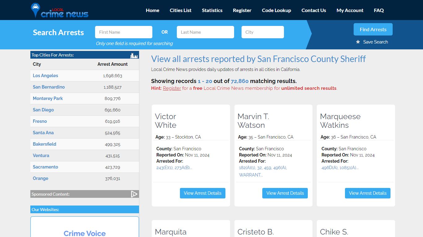 Arrests reported by San Francisco County Sheriff - Local Crime News