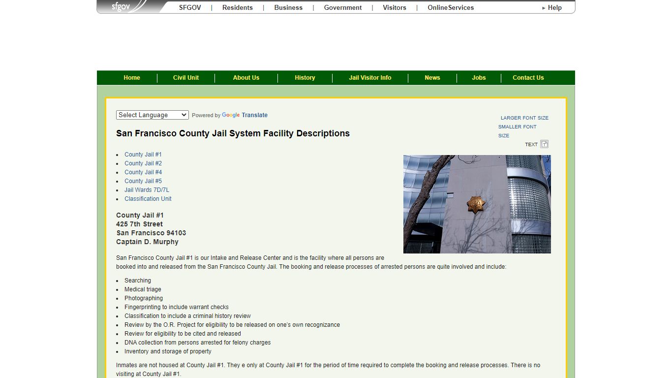 San Francisco Sheriff's Department - Jail Information
